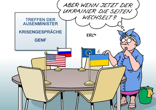 Cartoon: Krisentreffen (medium) by Erl tagged ukraine,zerfall,russland,annexion,krim,ostukraine,unruhen,soldaten,seitenwechsel,prorussisch,treffen,außenminister,genf,gespräch,krisengespräch,ukraine,zerfall,russland,annexion,krim,ostukraine,unruhen,soldaten,seitenwechsel,prorussisch,treffen,außenminister,genf,gespräch,krisengespräch