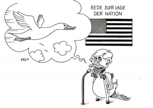 Cartoon: Lame Duck (medium) by Erl tagged bush,usa,heucheln,heuchlerei,bush,president,ente,übertreibung,usa,wirtschaftslage,flagge,krücke,rede,volksrede,fliegen,economy,amerika,stark,lahm,schwach,lügen,wunschvorstellungen,realitätsfern,lage,wirtschaft,verzweiflung