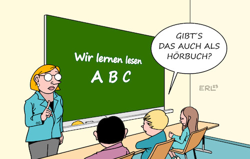 Cartoon: Lesekompetenz (medium) by Erl tagged politik,bildung,schule,iglu,studie,test,lesekompetenz,lesen,viertklässler,deutschland,unter,durchschnitt,text,hörbuch,schüler,schülerin,lehrerin,lehrer,unterricht,karikatur,erl,politik,bildung,schule,iglu,studie,test,lesekompetenz,lesen,viertklässler,deutschland,unter,durchschnitt,text,hörbuch,schüler,schülerin,lehrerin,lehrer,unterricht,karikatur,erl