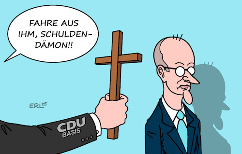 Cartoon: Letzter Versuch (medium) by Erl tagged politik,koalition,union,spd,finanzpaket,schulden,bedenken,cdu,basis,exorzismus,dämon,merz,karikatur,erl,politik,koalition,union,spd,finanzpaket,schulden,bedenken,cdu,basis,exorzismus,dämon,merz,karikatur,erl