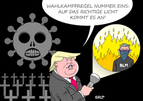 Cartoon: Lichtdesigner (medium) by Erl tagged politik,usa,wahl,präsidentschaft,wahlkampf,strategie,präsident,donald,trump,ablenkung,versagen,corona,virus,pandemie,tote,erkrankte,besuch,kenosha,lenken,aufmerksamkeit,öffentlichkeit,wähler,proteste,unruhen,polizeigewalt,rassimus,black,lives,matter,angst,schüren,retter,law,and,order,karikatur,erl,politik,usa,wahl,präsidentschaft,wahlkampf,strategie,präsident,donald,trump,ablenkung,versagen,corona,virus,pandemie,tote,erkrankte,besuch,kenosha,lenken,aufmerksamkeit,öffentlichkeit,wähler,proteste,unruhen,polizeigewalt,rassimus,black,lives,matter,angst,schüren,retter,law,and,order,karikatur,erl