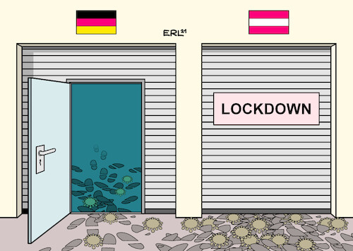 Cartoon: Lockdown Österreich (medium) by Erl tagged politik,corona,virus,pandemie,covid19,inzidenz,fallzahlen,anstieg,explosion,österreich,bayern,sachsen,überlastung,hilferuf,kliniken,krankenhäuser,lockdown,karikatur,erl,politik,corona,virus,pandemie,covid19,inzidenz,fallzahlen,anstieg,explosion,österreich,bayern,sachsen,überlastung,hilferuf,kliniken,krankenhäuser,lockdown,karikatur,erl