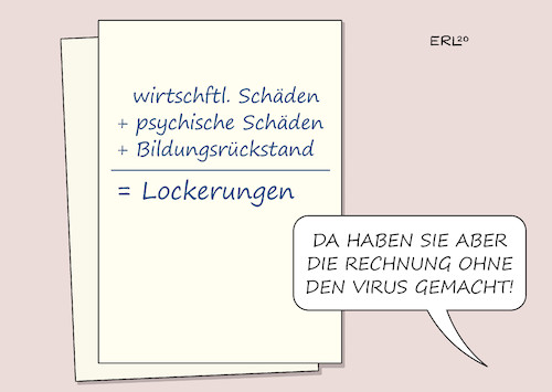 Cartoon: Lockerungen (medium) by Erl tagged politik,corona,virus,pandemie,covid19,kontaktverbot,schließung,kitas,kindergärten,schulen,geschäfte,veranstaltungen,wirtschaft,schaden,psyche,einsamkeit,bildung,rückstand,forderungen,lockerung,lockerungen,rechnung,ohne,den,wirt,gefahr,rückschlag,anstieg,infektionen,welle,karikatur,erl,politik,corona,virus,pandemie,covid19,kontaktverbot,schließung,kitas,kindergärten,schulen,geschäfte,veranstaltungen,wirtschaft,schaden,psyche,einsamkeit,bildung,rückstand,forderungen,lockerung,lockerungen,rechnung,ohne,den,wirt,gefahr,rückschlag,anstieg,infektionen,welle,karikatur,erl