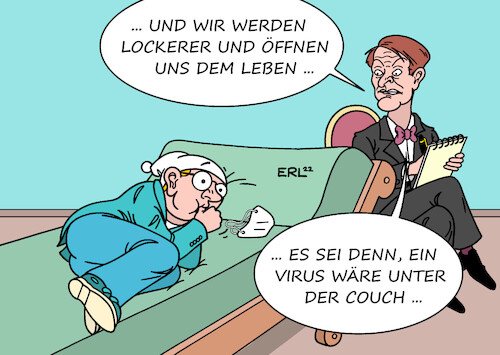 Cartoon: Lockerungen (medium) by Erl tagged politik,corona,virus,pandemie,covid19,welle,omikron,verlauf,mild,inzidenz,rückgang,perspektive,lockerungen,öffnungen,gesundheitsminister,karl,lauterbach,vorsicht,psychoanalyse,couch,psyche,karikatur,erl,politik,corona,virus,pandemie,covid19,welle,omikron,verlauf,mild,inzidenz,rückgang,perspektive,lockerungen,öffnungen,gesundheitsminister,karl,lauterbach,vorsicht,psychoanalyse,couch,psyche,karikatur,erl