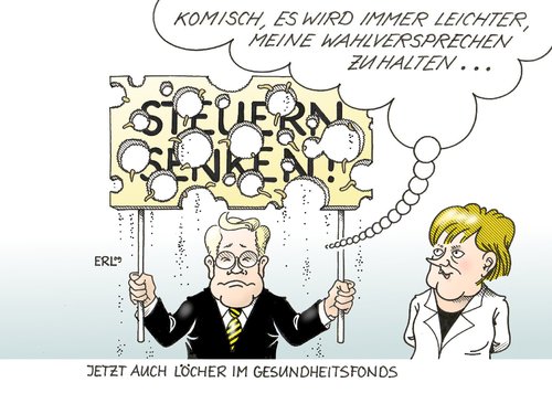 Cartoon: Löcher (medium) by Erl tagged westerwelle,wahlversprechen,steuern,senken,haushaltsloch,loch,gesundheitsfonds,versprechen,leicht,halten,merkel,gelbschwarz,gelb,schwarz,fdp,cdu,koalition,haushalt,wahlversprechen,versprechen,steuersenkungen,koalitionsverhandlungen,steuern,angela merkel,guido westerwelle,angela,merkel,guido,westerwelle,haushaltsloch