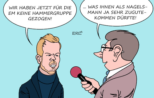 Cartoon: Losglück (medium) by Erl tagged politik,sport,fußball,auslosung,gruppen,europameisterschaft,2024,deutschland,bundestrainer,julian,nagelsmann,machbar,los,glück,losglück,keine,hammergruppe,karikatur,erl,politik,sport,fußball,auslosung,gruppen,europameisterschaft,2024,deutschland,bundestrainer,julian,nagelsmann,machbar,los,glück,losglück,keine,hammergruppe,karikatur,erl