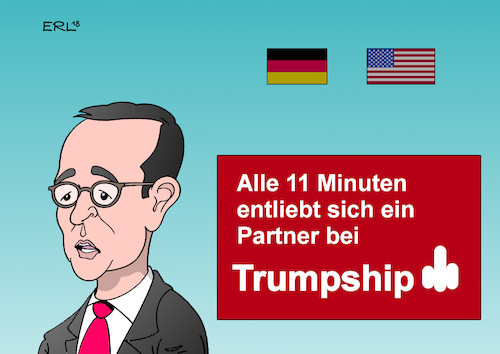 Cartoon: Maas USA (medium) by Erl tagged politik,usa,präsident,donald,trump,aufkündigung,ausstieg,atomabkommen,iran,verbot,atomwaffen,aufhebung,sanktionen,außenpolitik,rechtspopulismus,nationalismus,gefahr,atombombe,eu,handel,strafzölle,strategie,diplomatie,deutschland,außenminister,heiko,maas,gespräche,enttäuschung,transatlantische,partnerschaft,partner,singlebörse,parship,karikatur,erl,politik,usa,präsident,donald,trump,aufkündigung,ausstieg,atomabkommen,iran,verbot,atomwaffen,aufhebung,sanktionen,außenpolitik,rechtspopulismus,nationalismus,gefahr,atombombe,eu,handel,strafzölle,strategie,diplomatie,deutschland,außenminister,heiko,maas,gespräche,enttäuschung,transatlantische,partnerschaft,partner,singlebörse,parship,karikatur,erl