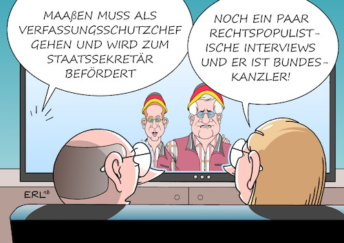 Cartoon: Maaßen (medium) by Erl tagged politik,bundesamt,für,verfassungsschutz,hans,georg,maaßen,interview,chemnitz,rechtsextremismus,hetzjagden,relativierung,rechtspopulismus,afd,nähe,zweifel,aussage,bundeskanzlerin,angela,merkel,cdu,unterstützung,innenminister,horst,seehofer,csu,entlassung,beförderung,staatssekretär,innenministerium,karriere,bundeskanzler,karikatur,erl,politik,bundesamt,für,verfassungsschutz,hans,georg,maaßen,interview,chemnitz,rechtsextremismus,hetzjagden,relativierung,rechtspopulismus,afd,nähe,zweifel,aussage,bundeskanzlerin,angela,merkel,cdu,unterstützung,innenminister,horst,seehofer,csu,entlassung,beförderung,staatssekretär,innenministerium,karriere,bundeskanzler,karikatur,erl