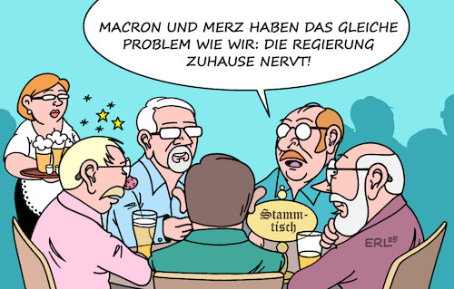 Cartoon: Macron und Merz (medium) by Erl tagged politik,bundeskanzler,merz,besuch,frankreich,präsident,macron,probleme,regierung,stammtisch,karikatur,erl,politik,bundeskanzler,merz,besuch,frankreich,präsident,macron,probleme,regierung,stammtisch,karikatur,erl