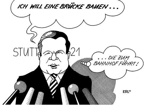 Cartoon: Mappus (medium) by Erl tagged stuttgart,21,bahnhof,neubau,abriss,protest,bürger,brücke,hintergedanken,schlichter,vermittler,geißler,stuttgart 21,bahnhof,protest,bürger,vermittler,bahn,stuttgart,21