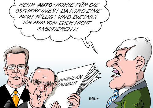 Cartoon: Maut (medium) by Erl tagged csu,pkw,maut,ausländer,kritik,zweifel,streit,cdu,de,maiziere,schäuble,bayern,ministerpräsident,seehofer,sabotage,ukraine,krise,krieg,autonomie,ostukraine,russland,csu,pkw,maut,ausländer,kritik,zweifel,streit,cdu,de,maiziere,schäuble,bayern,ministerpräsident,seehofer,sabotage,ukraine,krise,krieg,autonomie,ostukraine,russland