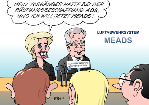 Cartoon: MEADS (medium) by Erl tagged bundeswehr,rüstung,beschaffung,rüstungsbeschaffung,skandale,affären,versagen,kosten,kostenexplosion,verteidigungsministerin,von,der,leyen,vorgänger,verteidigungsminister,de,maiziere,aufmerksamkeitsdefizitsyndrom,ads,luftabwehrsystem,meads,karikatur,erl,bundeswehr,rüstung,beschaffung,rüstungsbeschaffung,skandale,affären,versagen,kosten,kostenexplosion,verteidigungsministerin,ursula,von,der,leyen,vorgänger,verteidigungsminister,thomas,de,maiziere,aufmerksamkeitsdefizitsyndrom,ads,luftabwehrsystem,meads