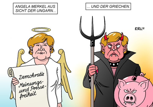 Cartoon: Merkel (medium) by Erl tagged angela,merkel,bundeskanzlerin,deutschland,sicht,blickwinkel,perspektive,ungarn,hoffnung,meinungsfreiheit,pressefreiheit,gelenkte,demokratie,viktor,orban,griechenland,alexis,tsipras,sparkurs,diktat,eu,engel,teufel,sparschwein,karikatur,erl,angela,merkel,bundeskanzlerin,deutschland,sicht,blickwinkel,perspektive,ungarn,hoffnung,meinungsfreiheit,pressefreiheit,gelenkte,demokratie,viktor,orban,griechenland,alexis,tsipras,sparkurs,diktat,eu,engel,teufel,sparschwein