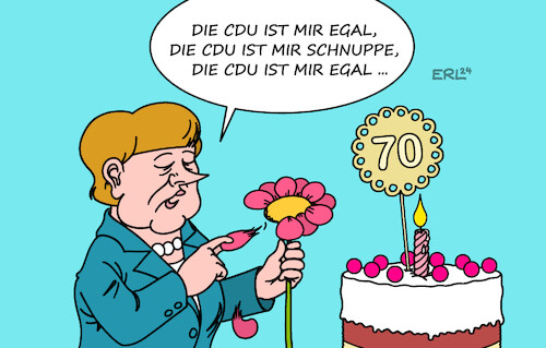 Cartoon: Merkel (medium) by Erl tagged politik,angela,merkel,geburtstag,70,bundeskanzlerin,altbundeskanzlerin,cdu,verhältnis,partei,distanziert,gleichgültig,liebestest,blume,torte,geburtstagstorte,karikatur,erl,politik,angela,merkel,geburtstag,70,bundeskanzlerin,altbundeskanzlerin,cdu,verhältnis,partei,distanziert,gleichgültig,liebestest,blume,torte,geburtstagstorte,karikatur,erl