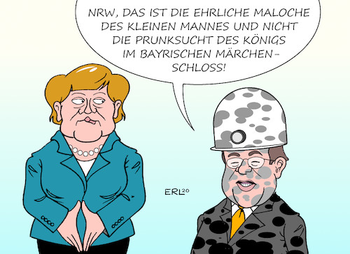 Cartoon: Merkel bei Laschet (medium) by Erl tagged politik,cdu,csu,union,bundeskanzlerin,angela,merkel,besuch,nrw,ministerpräsident,armin,laschet,bewerbung,vorsitz,kanzlerkandidat,konkurrenz,markus,söder,bayern,schloss,herrenchiemsee,kutsche,prunk,ruhrpott,bergmann,kumpel,maloche,karikatur,erl,politik,cdu,csu,union,bundeskanzlerin,angela,merkel,besuch,nrw,ministerpräsident,armin,laschet,bewerbung,vorsitz,kanzlerkandidat,konkurrenz,markus,söder,bayern,schloss,herrenchiemsee,kutsche,prunk,ruhrpott,bergmann,kumpel,maloche,karikatur,erl