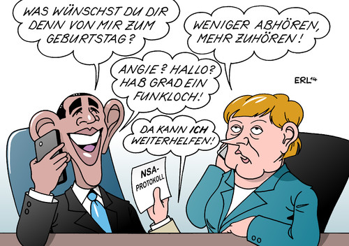 Cartoon: Merkel Geburtstag (medium) by Erl tagged geburtstag,bundeskanzlerin,angela,merkel,gratulation,geschenk,usa,präsident,barack,obama,geheimdienst,nsa,cia,abhöraffäre,spionage,protokoll,telefon,smartphone,geburtstag,bundeskanzlerin,angela,merkel,gratulation,geschenk,usa,präsident,barack,obama,geheimdienst,nsa,cia,abhöraffäre,spionage,protokoll,telefon,smartphone