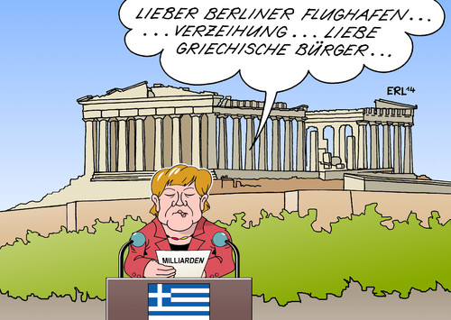 Cartoon: Merkel Griechenland (medium) by Erl tagged bundeskanzlerin,angela,merkel,deutschland,griechenland,besuch,finanzkrise,schulden,krise,banken,eu,iwf,ezb,hilfspaket,rettungsschirm,milliarden,euro,flughafen,berlin,brandenburg,ber,kosten,kostenexplosion,akropolis,bundeskanzlerin,angela,merkel,deutschland,griechenland,besuch,finanzkrise,schulden,krise,banken,eu,iwf,ezb,hilfspaket,rettungsschirm,milliarden,euro,flughafen,berlin,brandenburg,ber,kosten,kostenexplosion,akropolis