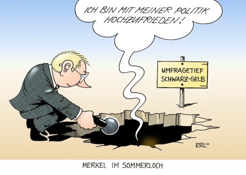 Cartoon: Merkel im Sommerloch (medium) by Erl tagged merkel,bundeskanzlerin,sommer,interview,umfrage,umfragewerte,tief,politik,hochzufrieden,schwarz,gelb,cdu,csu,fdp,angela merkel,bundeskanzlerin,sommer,interview,umfrage,umfragewerte,tief,hochzufrieden,schwarz,gelb,cdu,csu,fdp,angela,merkel