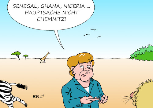 Cartoon: Merkel in Afrika (medium) by Erl tagged politik,bundeskanzlerin,angela,merkel,reise,afrika,westafrika,senegal,ghana,nigeria,rücknahme,flüchtlinge,verbesserung,lebensbedingungen,demokratie,chemnitz,sachsen,ausschreitungen,rechtsextremismus,hetzjagd,fremde,fremdenfeindlichkeit,rassismus,pegida,afd,npd,polizei,hilflosigkeit,ministerpräsident,kretschmer,cdu,karikatur,erl,politik,bundeskanzlerin,angela,merkel,reise,afrika,westafrika,senegal,ghana,nigeria,rücknahme,flüchtlinge,verbesserung,lebensbedingungen,demokratie,chemnitz,sachsen,ausschreitungen,rechtsextremismus,hetzjagd,fremde,fremdenfeindlichkeit,rassismus,pegida,afd,npd,polizei,hilflosigkeit,ministerpräsident,kretschmer,cdu,karikatur,erl