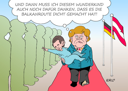 Cartoon: Merkel Kurz (medium) by Erl tagged bundeskanzler,sebastian,kurz,övp,österreich,koalition,fpö,rechtspopulismus,rechtsextremismus,nationalismus,rassismus,abschottung,flüchtlinge,balkanroute,dicht,besuch,deutschland,bundeskanzlerin,angela,merkel,roter,teppich,wunderkind,kind,arm,flaggen,karikatur,erl,bundeskanzler,sebastian,kurz,övp,österreich,koalition,fpö,rechtspopulismus,rechtsextremismus,nationalismus,rassismus,abschottung,flüchtlinge,balkanroute,dicht,besuch,deutschland,bundeskanzlerin,angela,merkel,roter,teppich,wunderkind,kind,arm,flaggen,karikatur,erl