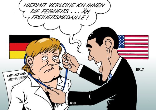 Cartoon: Merkel Obama (medium) by Erl tagged enthaltung,nato,un,einsatz,libyen,freiheitsmedaille,medaille,verleihung,usa,deutschland,obama,besuch,merkel,merkel,besuch,barack obama,usa,verleihung,medaille,freiheitsmedaille,deutschland,einsatz,un,enthaltung,nato,libyen,barack,obama