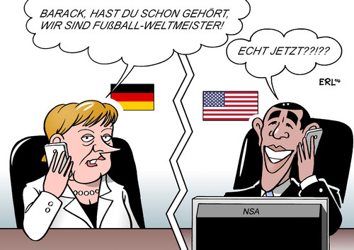 Cartoon: Merkel Obama (medium) by Erl tagged fußball,weltmeisterschaft,wm,brasilien,2014,finale,sieg,deutschland,weltmeister,bundeskanzlerin,angela,merkel,usa,geheimdienst,abhöraffäre,spionage,nsa,cia,präsident,barack,obama,fußball,weltmeisterschaft,wm,brasilien,2014,finale,sieg,deutschland,weltmeister,bundeskanzlerin,angela,merkel,usa,geheimdienst,abhöraffäre,spionage,nsa,cia,präsident,barack,obama