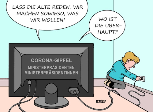 Cartoon: Merkels Lockdown (medium) by Erl tagged politik,corona,virus,pandemie,covid19,mpk,ministerpräsidentinnen,ministerpräsidenten,konferenz,beschlüsse,missachtung,lockdown,notbremse,vereinbarungen,bundeskanzlerin,angela,merkel,verlagerung,kompetenzen,länder,bund,infektionsschutzgesetz,änderung,videokonferenz,computer,pc,stecker,netzsztecker,karikatur,erl,politik,corona,virus,pandemie,covid19,mpk,ministerpräsidentinnen,ministerpräsidenten,konferenz,beschlüsse,missachtung,lockdown,notbremse,vereinbarungen,bundeskanzlerin,angela,merkel,verlagerung,kompetenzen,länder,bund,infektionsschutzgesetz,änderung,videokonferenz,computer,pc,stecker,netzsztecker,karikatur,erl