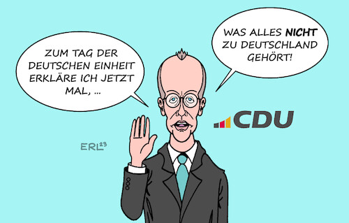 Cartoon: Merz erklärt Deutsche Einheit (medium) by Erl tagged politik,tag,der,deutschen,einheit,wiedervereinigung,1990,33,jahre,cdu,vorsitzender,friedrich,merz,neigung,rechtspopulismus,aussagen,kreuzberg,ist,nicht,deutschland,ausgrenzung,spaltung,gegenteil,vereinigung,karikatur,erl,politik,tag,der,deutschen,einheit,wiedervereinigung,1990,33,jahre,cdu,vorsitzender,friedrich,merz,neigung,rechtspopulismus,aussagen,kreuzberg,ist,nicht,deutschland,ausgrenzung,spaltung,gegenteil,vereinigung,karikatur,erl