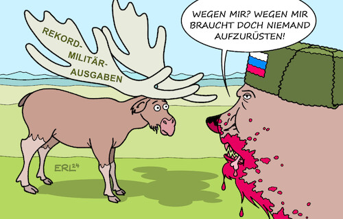 Cartoon: Militärausgaben (medium) by Erl tagged politik,bericht,sipri,institut,friedensforschung,stockholm,rüstungsausgaben,militär,rüstung,rekord,weltweit,reaktion,bedrohung,kriege,nahost,krieg,angriff,überfall,wladimir,putin,russland,ukraine,bär,elch,nato,karikatur,erl,politik,bericht,sipri,institut,friedensforschung,stockholm,rüstungsausgaben,militär,rüstung,rekord,weltweit,reaktion,bedrohung,kriege,nahost,krieg,angriff,überfall,wladimir,putin,russland,ukraine,bär,elch,nato,karikatur,erl