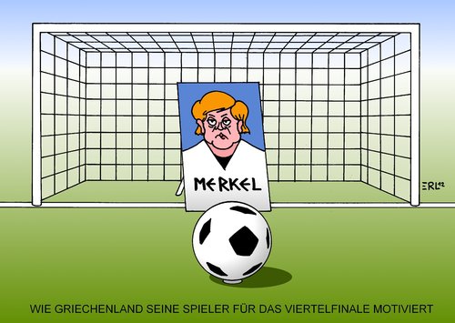 Cartoon: Motivationstraining (medium) by Erl tagged griechenland,wahl,krise,euro,schulden,hilfsgelder,eu,em,fußball,europameisterschaft,viertelfinale,selbstbewusstsein,motivation,merkel,sparkurs,spardiktat,griechenland,wahl,krise,euro,schulden,hilfsgelder,eu,fußball,europameisterschaft,viertelfinale,selbstbewusstsein