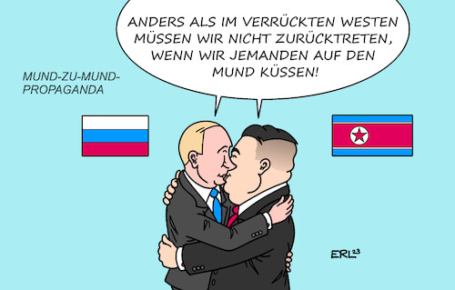 Cartoon: Mund-zu-Mund-Propaganda (medium) by Erl tagged politik,krieg,angriff,überfall,russland,ukraine,wladimir,putin,kontakt,besuch,diktator,nordkorea,kim,jong,un,lieferung,waffen,waffenlieferungen,bruderkuss,kuss,mund,affäre,fußball,spanien,luis,rubiales,westen,propaganda,karikatur,erl,politik,krieg,angriff,überfall,russland,ukraine,wladimir,putin,kontakt,besuch,diktator,nordkorea,kim,jong,un,lieferung,waffen,waffenlieferungen,bruderkuss,kuss,mund,affäre,fußball,spanien,luis,rubiales,westen,propaganda,karikatur,erl