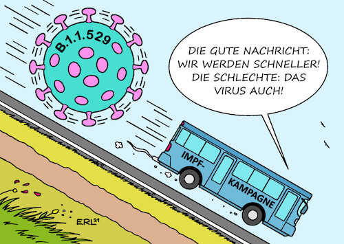 Cartoon: Mutation (medium) by Erl tagged politik,corona,virus,pandemie,covid,19,vierte,welle,impfung,impfen,impfkampagne,impfbus,mutation,529,südafrika,belgien,schneller,karikatur,erl,politik,corona,virus,pandemie,covid,19,vierte,welle,impfung,impfen,impfkampagne,impfbus,mutation,529,südafrika,belgien,schneller,karikatur,erl