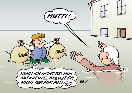 Cartoon: Mutti 2 (medium) by Erl tagged hochwasser,flut,deutschland,bundeskanzlerin,angela,merkel,besuch,hilfe,unterstützung,wahlkampf,wähler,wählerstimmen,aufkreuzen,ankreuzen,sack,sand,geld,sandsack,geldsack,hochwasser,flut,deutschland,bundeskanzlerin,angela,merkel,besuch,hilfe,unterstützung,wahlkampf,wähler,wählerstimmen,aufkreuzen,ankreuzen,sack,sand,geld,sandsack,geldsack