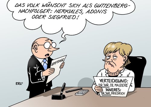 Cartoon: Nachfolger (medium) by Erl tagged guttenberg,rücktritt,beliebtheit,volk,held,nachfolger,verteidigungsminister,de,maiziere,innenminister,friedrich,doktor,dr,jur,merkel,guttenberg,rücktritt,beliebtheit,volk,held,nachfolger,verteidigungsminister,maiziere,friedrich,doktor,innenminister,merkel