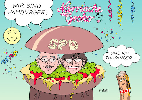 Cartoon: Närrische Groko (medium) by Erl tagged politik,hamburg,bürgerschaftswahl,wahl,wahlsieger,spd,die,grünen,verlierer,cdu,fdp,afd,thüringen,gerangel,ministerpräsident,linke,karneval,fastnacht,fasching,kostüm,verkleidung,hamburger,walter,borjans,esken,bratwurst,senf,karikatur,erl,politik,hamburg,bürgerschaftswahl,wahl,wahlsieger,spd,die,grünen,verlierer,cdu,fdp,afd,thüringen,gerangel,ministerpräsident,linke,karneval,fastnacht,fasching,kostüm,verkleidung,hamburger,walter,borjans,esken,bratwurst,senf,karikatur,erl