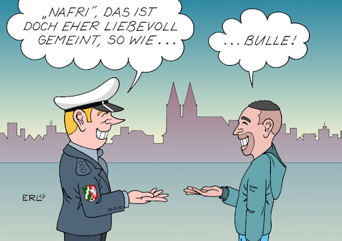 Cartoon: Nafri (medium) by Erl tagged silvester,köln,polizei,polizist,nordafrikaner,intensivtäter,nafri,diskussion,rassismus,strafverfolgung,prävention,menschenwürde,schimpfwort,bulle,spitzname,karikatur,erl,silvester,köln,polizei,nordafrikaner,intensivtäter,nafri,diskussion,rassismus,strafverfolgung,prävention,menschenwürde,schimpfwort,bulle,spitzname,karikatur,erl