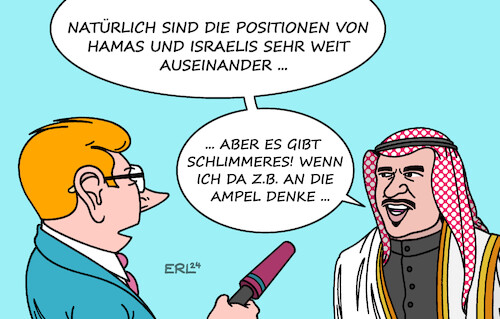 Cartoon: Nahost-Verhandlungen I (medium) by Erl tagged politik,anschlag,angriff,überfall,terror,hamas,israel,reaktion,gaza,krieg,tötung,ismail,haniyya,gebiet,iran,gefahr,gegenschlag,hisbollah,libanon,verhandlungen,doha,katar,schwierig,vergleich,ampel,spd,grüne,fdp,streit,haushalt,karikatur,erl,politik,anschlag,angriff,überfall,terror,hamas,israel,reaktion,gaza,krieg,tötung,ismail,haniyya,gebiet,iran,gefahr,gegenschlag,hisbollah,libanon,verhandlungen,doha,katar,schwierig,vergleich,ampel,spd,grüne,fdp,streit,haushalt,karikatur,erl