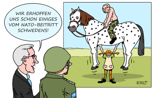 Cartoon: NATO-Beitritt Schweden (medium) by Erl tagged politik,krieg,angriff,ueberfall,wladimir,putin,russland,ukraine,reaktion,nato,beitritt,finnland,schweden,stärke,pippi,langstrumpf,heben,pferd,kleiner,onkel,generalsekretär,jens,stoltenberg,soldat,astrid,lindgren,karikatur,erl,politik,krieg,angriff,ueberfall,wladimir,putin,russland,ukraine,reaktion,nato,beitritt,finnland,schweden,stärke,pippi,langstrumpf,heben,pferd,kleiner,onkel,generalsekretär,jens,stoltenberg,soldat,astrid,lindgren,karikatur,erl