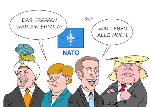 Cartoon: NATO-Bilanz (medium) by Erl tagged politik,nato,bündnis,militär,verteidigung,70,jahre,treffen,london,präsident,donald,trump,rechtspopulismus,angriff,emmanuel,macron,frankreich,aussage,hirntot,streit,differenzen,erdogan,türkei,kurden,syrien,bundeskanzlerin,angela,merkel,bilanz,erfolg,überleben,karikatur,erl,politik,nato,bündnis,militär,verteidigung,70,jahre,treffen,london,präsident,donald,trump,rechtspopulismus,angriff,emmanuel,macron,frankreich,aussage,hirntot,streit,differenzen,erdogan,türkei,kurden,syrien,bundeskanzlerin,angela,merkel,bilanz,erfolg,überleben,karikatur,erl