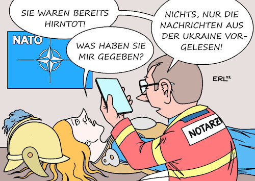 Cartoon: NATO-Wiederbelebung (medium) by Erl tagged politik,krieg,angriff,überfall,wladimir,putin,russland,ukraine,reaktion,nato,erwachen,erweiterung,finnland,schweden,geschlossenheit,notarzt,patientin,hirntot,wiederbelebung,karikatur,erl,politik,krieg,angriff,überfall,wladimir,putin,russland,ukraine,reaktion,nato,erwachen,erweiterung,finnland,schweden,geschlossenheit,notarzt,patientin,hirntot,wiederbelebung,karikatur,erl