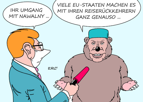 Cartoon: Nawalny (medium) by Erl tagged politik,russland,kreml,kritiker,kremlkritiker,alexej,nawalny,vergiftung,nowitschok,geheimdienst,mordversuch,rettung,krankenhaus,klinik,sibirien,berlin,charite,erholung,deutschland,rückkehr,verhaftung,verdacht,drahtzieher,billigung,präsident,wladimir,putin,bär,reporter,journalist,corona,virus,pandemie,covid19,reiserückkehrer,quarantäne,karikatur,erl,politik,russland,kreml,kritiker,kremlkritiker,alexej,nawalny,vergiftung,nowitschok,geheimdienst,mordversuch,rettung,krankenhaus,klinik,sibirien,berlin,charite,erholung,deutschland,rückkehr,verhaftung,verdacht,drahtzieher,billigung,präsident,wladimir,putin,bär,reporter,journalist,corona,virus,pandemie,covid19,reiserückkehrer,quarantäne,karikatur,erl