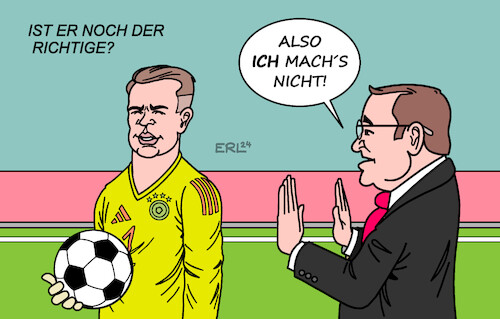 Cartoon: Neuer (medium) by Erl tagged sport,fußball,fc,bayern,pokal,aus,rote,karte,diskussion,neuer,politik,spd,scholz,pistorius,kanzlerkandidat,karikatur,erl,sport,fußball,fc,bayern,pokal,aus,rote,karte,diskussion,neuer,politik,spd,scholz,pistorius,kanzlerkandidat,karikatur,erl