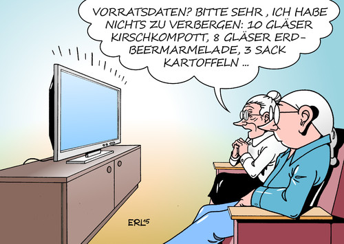 Cartoon: Nichts zu verbergen (medium) by Erl tagged vorratsdatenspeicherung,telefon,kommunikation,daten,speicherung,verbrechen,bekämpfung,verbrechensbekämpfung,datenschutz,nichts,zu,verbergen,vorräte,kompott,marmelade,kartoffeln,frau,oma,michel,fernsehen,karikatur,erl,vorratsdatenspeicherung,telefon,kommunikation,daten,speicherung,verbrechen,bekämpfung,verbrechensbekämpfung,datenschutz,nichts,zu,verbergen,vorräte,kompott,marmelade,kartoffeln,frau,oma,michel,fernsehen,karikatur,erl