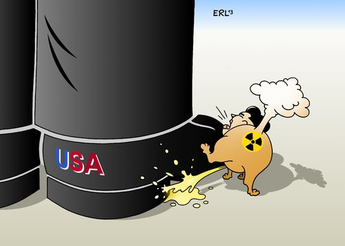 Cartoon: Nordkorea USA (medium) by Erl tagged hund,pinkeln,bein,usa,atombombe,atomwaffen,atomar,erstschlag,drohung,provokation,un,jong,kim,diktator,nordkorea,nordkorea,diktator,kim,jong,un,provokation,drohung,erstschlag,atomar,atomwaffen,atombombe,usa,bein,pinkeln,hund