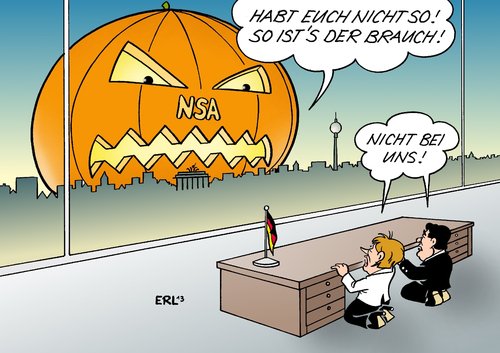 Cartoon: NSA Halloween (medium) by Erl tagged usa,geheimdienst,nsa,spionage,überwachung,abhören,skandal,internet,telefon,smartphone,bundeskanzlerin,angela,merkel,politik,regierung,präsident,barack,obama,aussenpolitik,vertrauen,beziehung,deutschland,deutsch,amerikanisch,brauch,halloween,usa,geheimdienst,nsa,spionage,überwachung,abhören,skandal,internet,telefon,smartphone,bundeskanzlerin,angela,merkel,politik,regierung,präsident,barack,obama,aussenpolitik,vertrauen,beziehung,deutschland,deutsch,amerikanisch,brauch,halloween