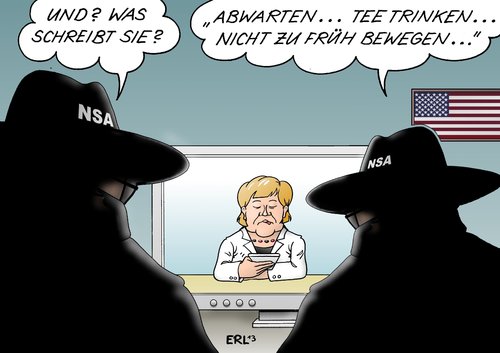 Cartoon: NSA Merkel (medium) by Erl tagged usa,geheimdienst,nsa,spionage,überwachung,abhören,skandal,internet,telefon,smartphone,bundeskanzlerin,angela,merkel,politik,regierung,stil,abwarten,tee,trinken,zögern,usa,geheimdienst,nsa,spionage,überwachung,abhören,skandal,internet,telefon,smartphone,bundeskanzlerin,angela,merkel,politik,regierung,stil,abwarten,tee,trinken,zögern