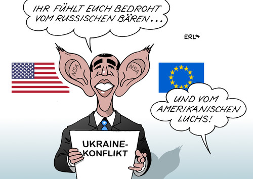 Cartoon: Obama in Europa (medium) by Erl tagged usa,präsident,obama,besuch,europa,osteuropa,ukraine,konflikt,russland,bedrohung,gefühl,bär,geheimdienst,nsa,abhöraffäre,überwachung,ohren,luchs,usa,präsident,obama,besuch,europa,osteuropa,ukraine,konflikt,russland,bedrohung,gefühl,bär,geheimdienst,nsa,abhöraffäre,überwachung,ohren,luchs