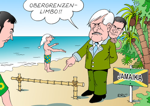 Cartoon: Obergrenze in Jamaika (medium) by Erl tagged bundestagswahl,2017,wahl,bundestag,regierung,koalition,möglichkeiten,jamaika,schwarz,gelb,grün,cdu,csu,fdp,bündnis,90,die,grünen,konflikt,horst,seehofer,obergrenze,flüchtlinge,asylrecht,özdemir,offene,gesellschaft,multikulti,lindner,messlatte,limbo,tanz,umfrage,bürger,sympathie,zustimmung,karikatur,erl,bundestagswahl,2017,wahl,bundestag,regierung,koalition,möglichkeiten,jamaika,schwarz,gelb,grün,cdu,csu,fdp,bündnis,90,die,grünen,konflikt,horst,seehofer,obergrenze,flüchtlinge,asylrecht,özdemir,offene,gesellschaft,multikulti,lindner,messlatte,limbo,tanz,umfrage,bürger,sympathie,zustimmung,karikatur,erl