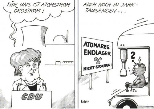 Cartoon: Öko-CDU (medium) by Erl tagged cdu,ökologie,atomkraft,cdu,ökologie,atomkraft,atomares,jahrtausend,endlager,angela,merkel,atomstrom,strom,kraftwerk,ökostrom,umwelt,umweltschutz,zukunft,vergangenheit,licht,gau,verstrahlung,atommüll,strahlen,verseuchung,deponien,bagger,angela merkel