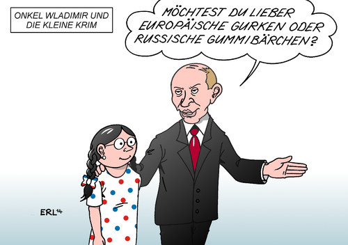 Cartoon: Onkel Wladimir (medium) by Erl tagged ukraine,russland,präsident,wladimir,putin,besetzung,militär,krim,parlament,referendum,eu,europa,gurke,gummibärchen,mädchen,kind,onkel,ukraine,russland,präsident,wladimir,putin,besetzung,militär,krim,parlament,referendum,eu,europa,gurke,gummibärchen,mädchen,kind,onkel